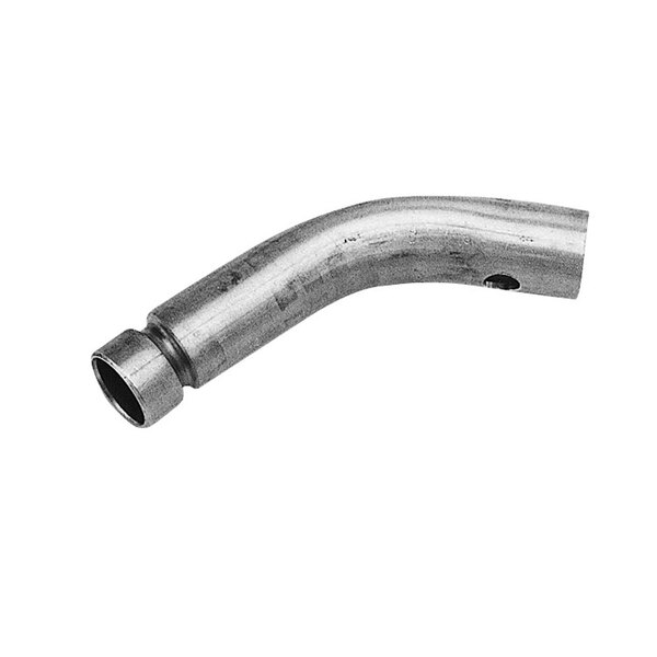 A stainless steel curved metal pipe with a hole in it.