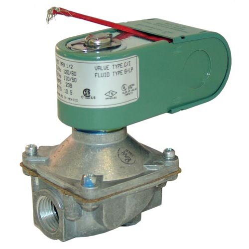 A close-up of a All Points 1/2" FPT gas solenoid valve with red and green wires.