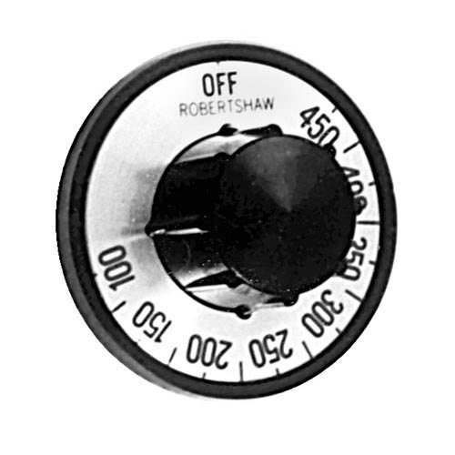 A white dial with black numbers and a black knob with a black circle.