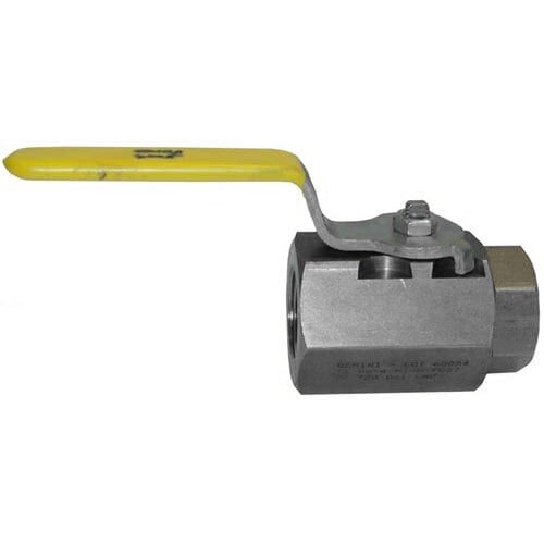 A close-up of an All Points grease drain ball valve with a yellow handle.