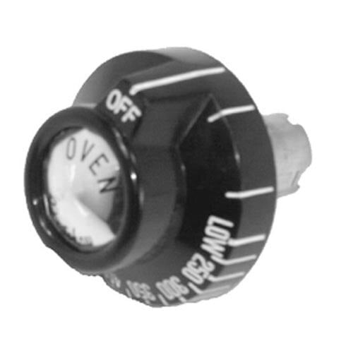 A black and white oven thermostat knob with white text for "Off", "Low", and "250-500" settings.