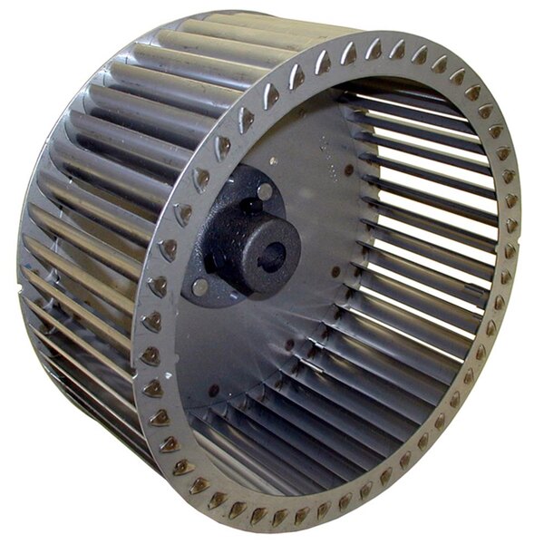 A close-up of a metal All Points blower wheel with metal blades.