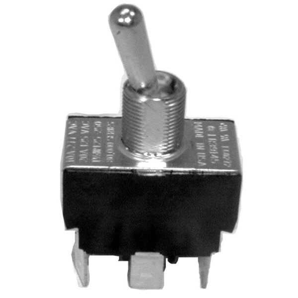 A black toggle switch with a silver knob.