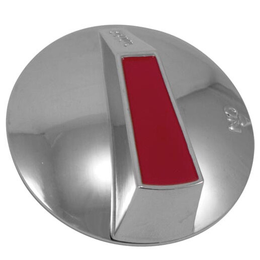 A silver range burner knob with a red rectangular button and red stripe.