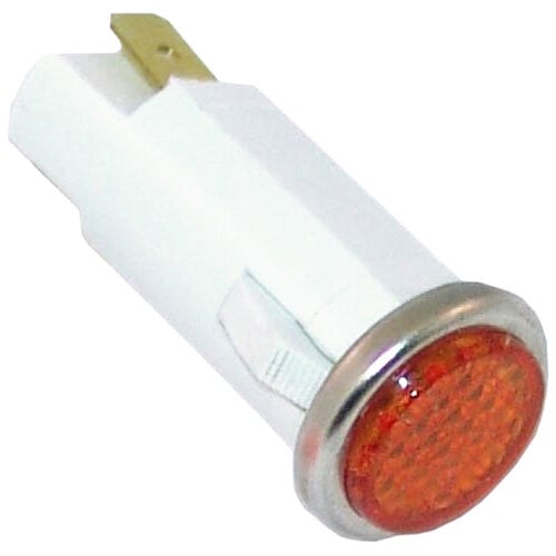 An amber round signal light with a white background.