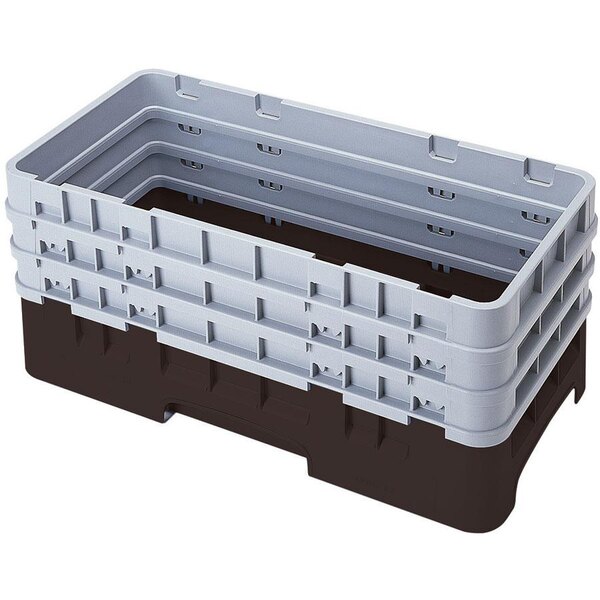 A brown Cambro dish rack with open sides and 3 extenders.