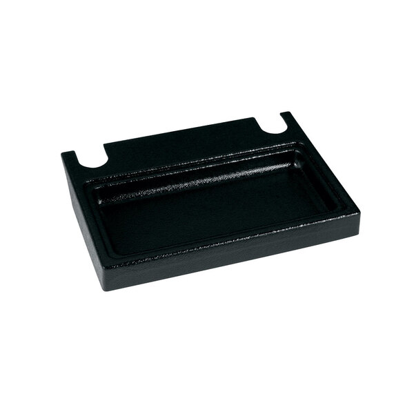 A black rectangular drip tray with a hole in the middle.