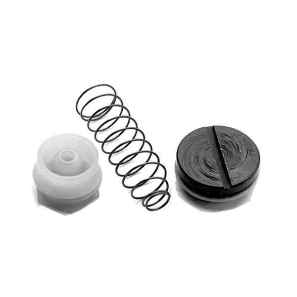 A black and white metal spring and a rubber seal in a black plastic cylinder.