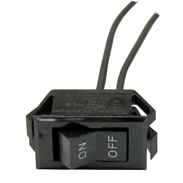 A close-up of a black All Points On/Off Rocker Switch with two wires.