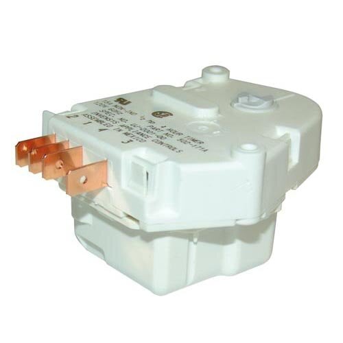 A white plastic All Points defrost timer with copper wires.