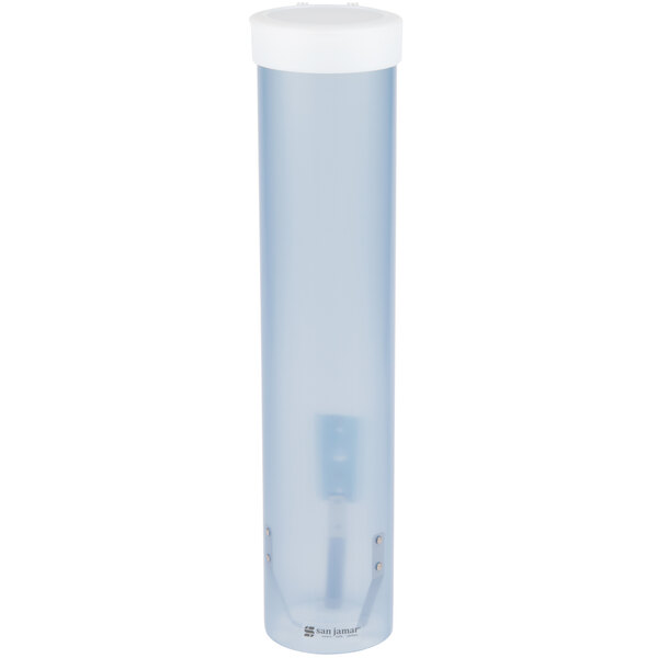 A clear plastic container with a white cap.