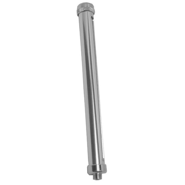 A silver metal cylinder with a screw on a stainless steel pipe.
