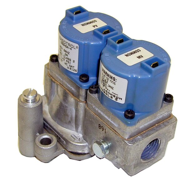 A close-up of two blue All Points natural gas solenoid valves with black labels.