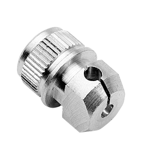 A stainless steel threaded nut with a white plastic nut.