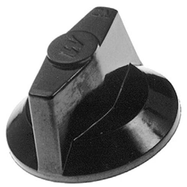 A black plastic knob with a round center.
