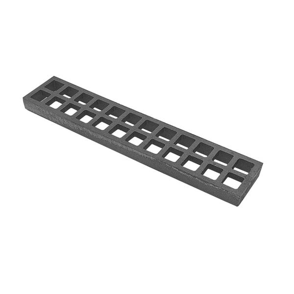 A black rectangular cast iron broiler grate with a grid pattern.