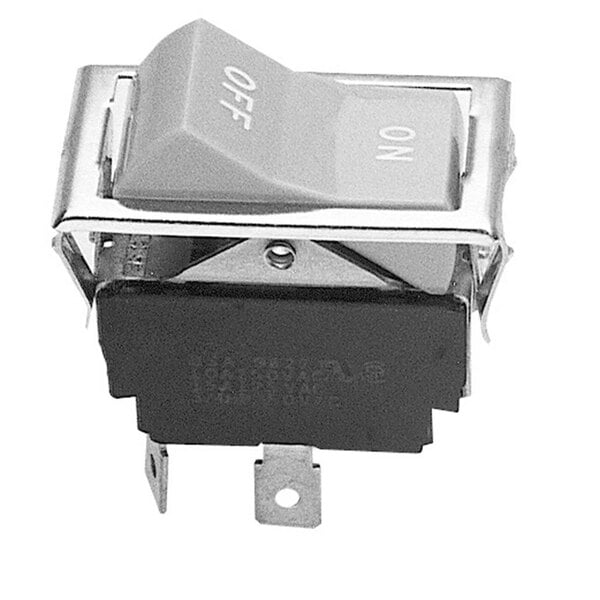 A close-up of a black and white All Points Rocker switch with a button on top.