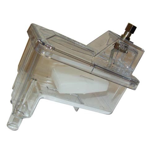 A transparent plastic reservoir for an ice machine.