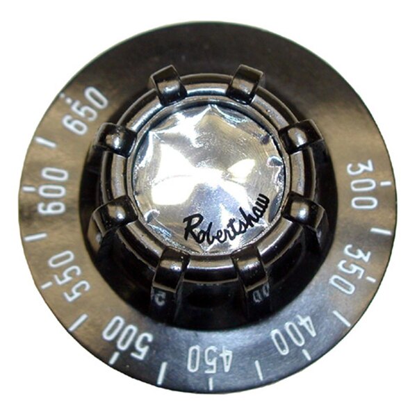 A black circular All Points oven thermostat dial with white numbers.