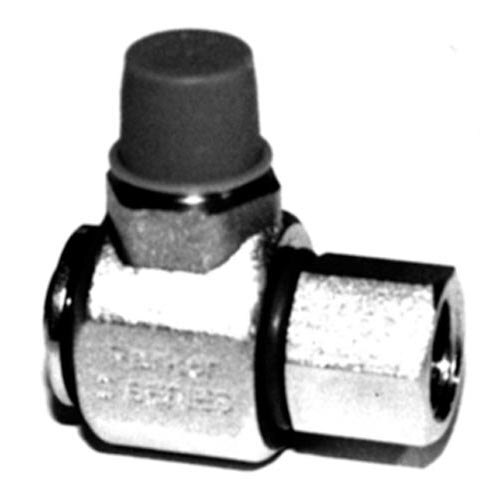 A close-up of a metal pipe fitting with a swivel connection.