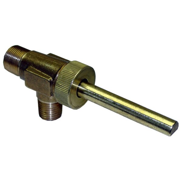 A close-up of a brass All Points gas valve with a metal pipe attached.