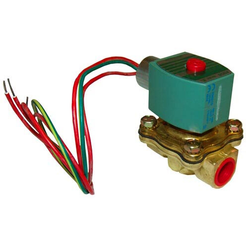 A close-up of the All Points water solenoid valve with red and green wires attached.