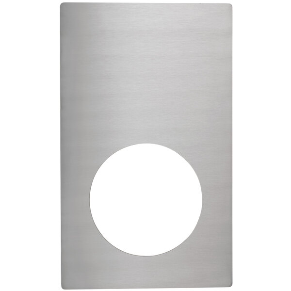 A silver rectangular stainless steel adapter plate with a round hole in the middle.