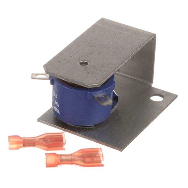 A blue and silver metal All Points Oven Buzzer with orange plastic terminals.