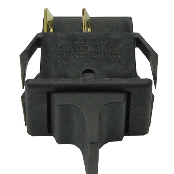 A close-up of a black All Points On/Off toggle switch with gold metal parts.