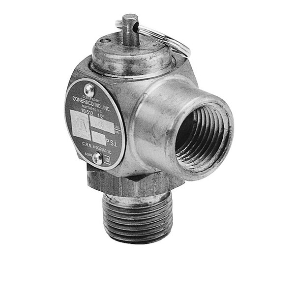 A close-up of an All Points 50 PSI steam safety relief valve with a metal handle.
