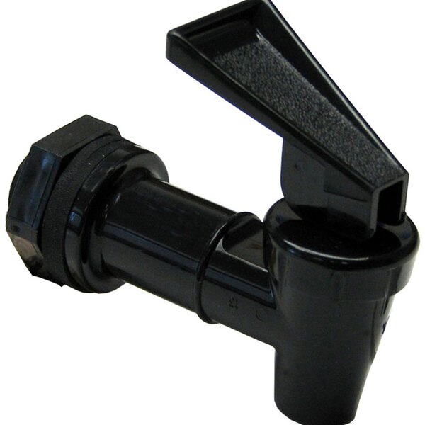 A black plastic faucet with a black handle.