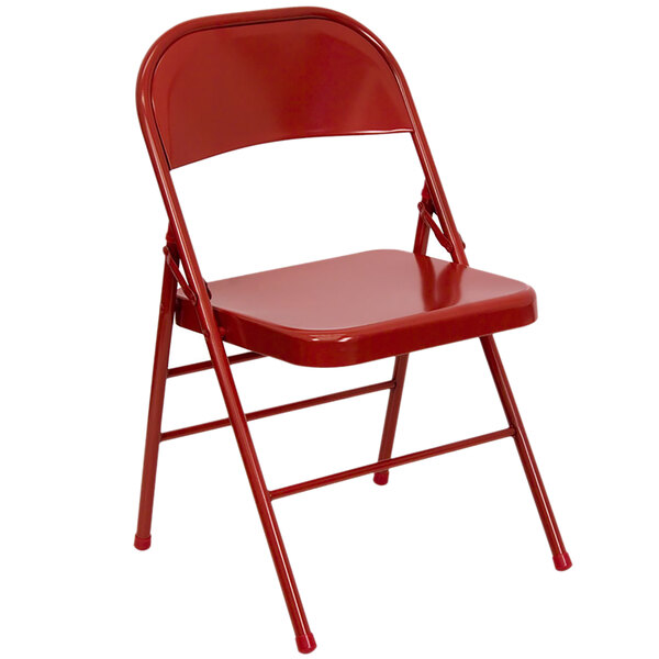 A red Flash Furniture metal folding chair.