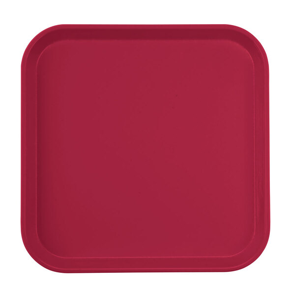 A cherry red square Cambro tray with a white border.