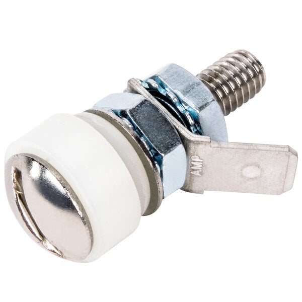 A white metal knob with a white plastic knob and screw.