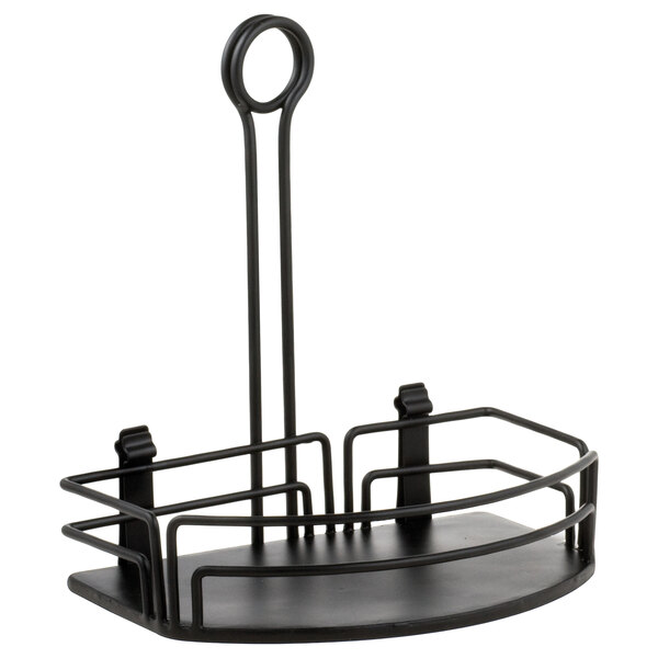 A black powder coated metal rack with two baskets.