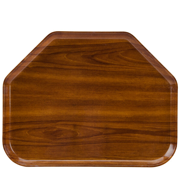 A rectangular wooden Cambro tray with a brown finish.