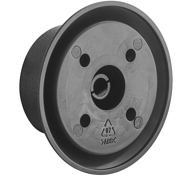 A black plastic Avantco temperature control knob with holes in it.