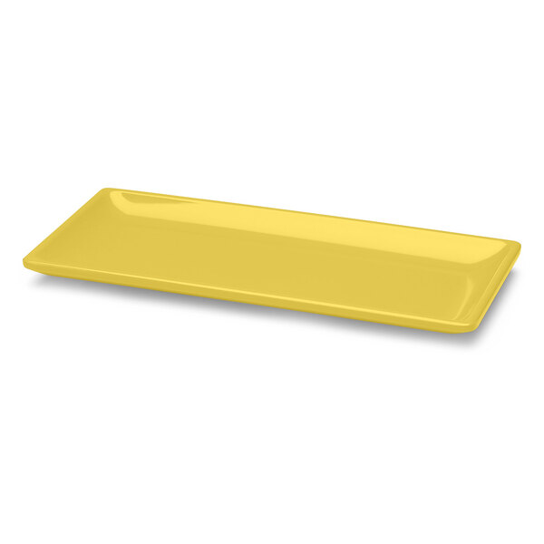 An Elite Global Solutions yellow rectangular melamine platter.