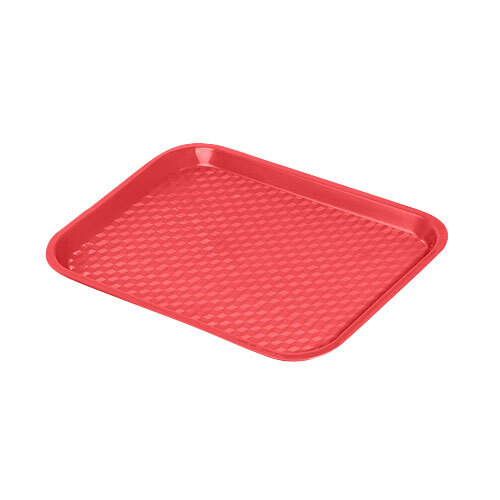A red GET polypropylene fast food tray with a grid pattern.