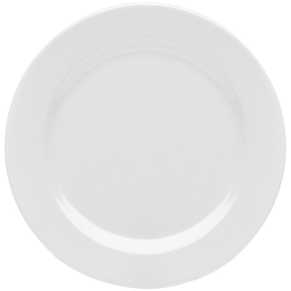 A white Elite Global Solutions round rim plate.
