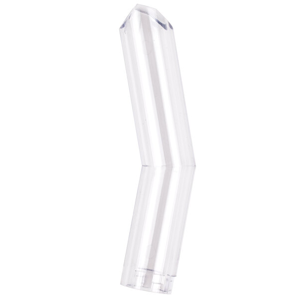 A clear plastic curved tube with a small opening.