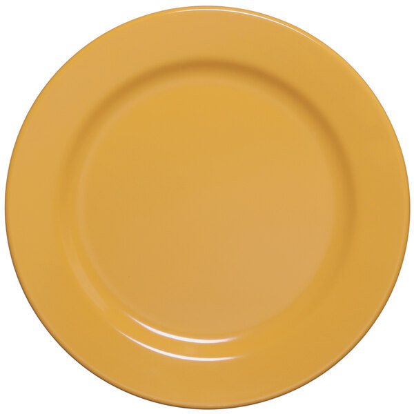 A close up of a yellow Elite Global Solutions Rio melamine plate.
