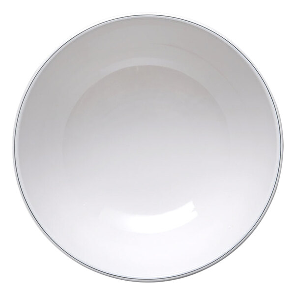 A white melamine bowl with a black rim.