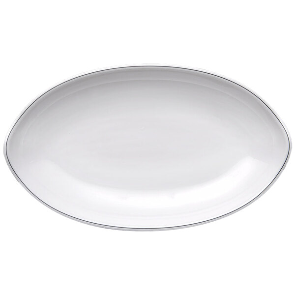 A white oval plate with a black trim.
