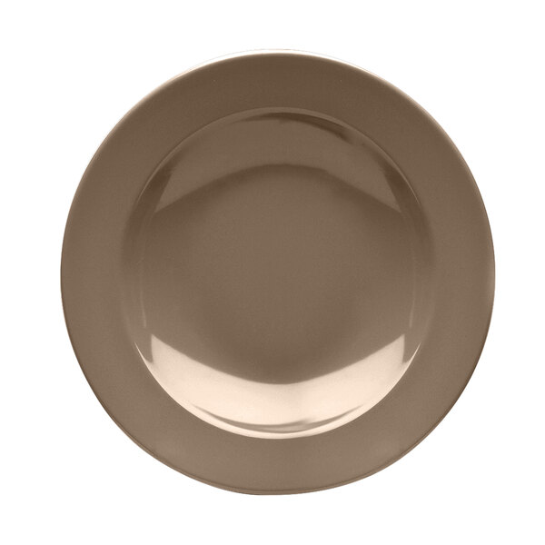 A close-up of a brown Elite Global Solutions melamine pasta bowl with a white background.