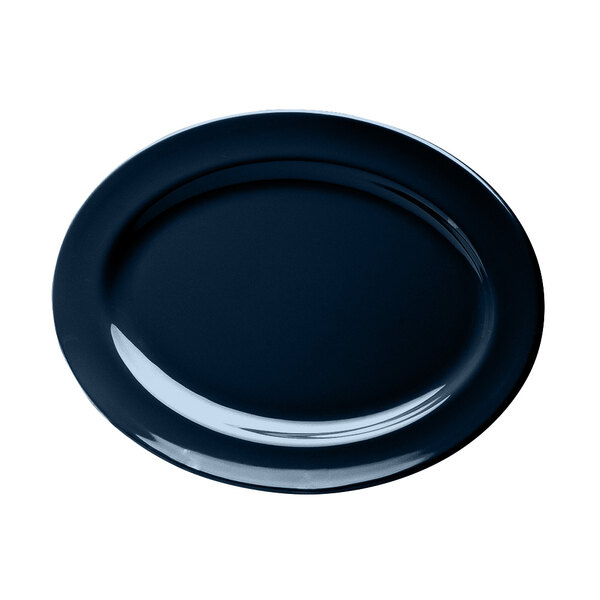 A dark blue Elite Global Solutions oval melamine platter with a white background.