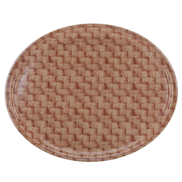 A brown Cambro oval tray with a basketweave pattern.