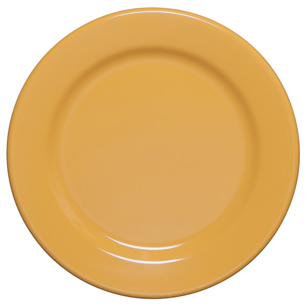 A close up of a yellow Elite Global Solutions melamine plate.