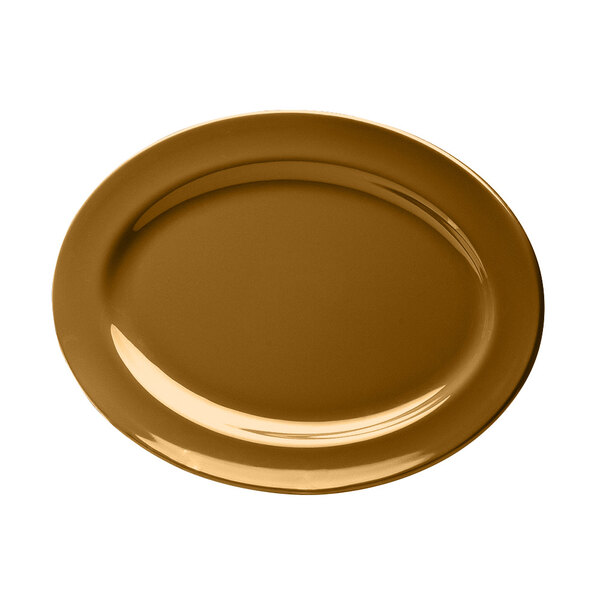 A brown oval melamine platter with a white background.