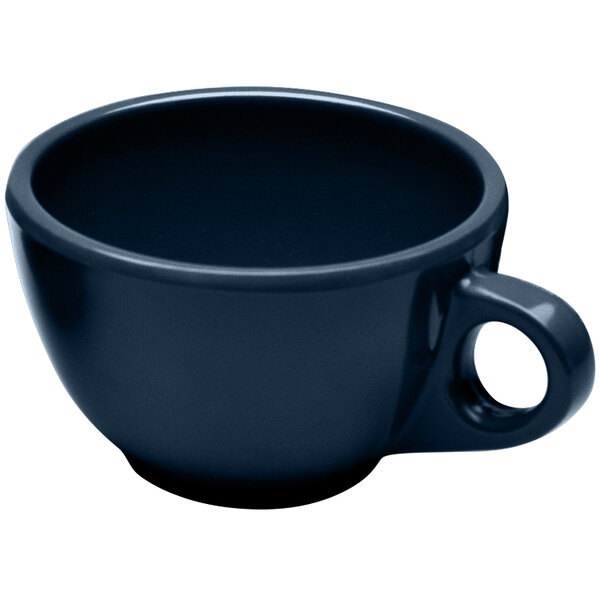 An Elite Global Solutions Lapis blue melamine coffee cup with a handle.